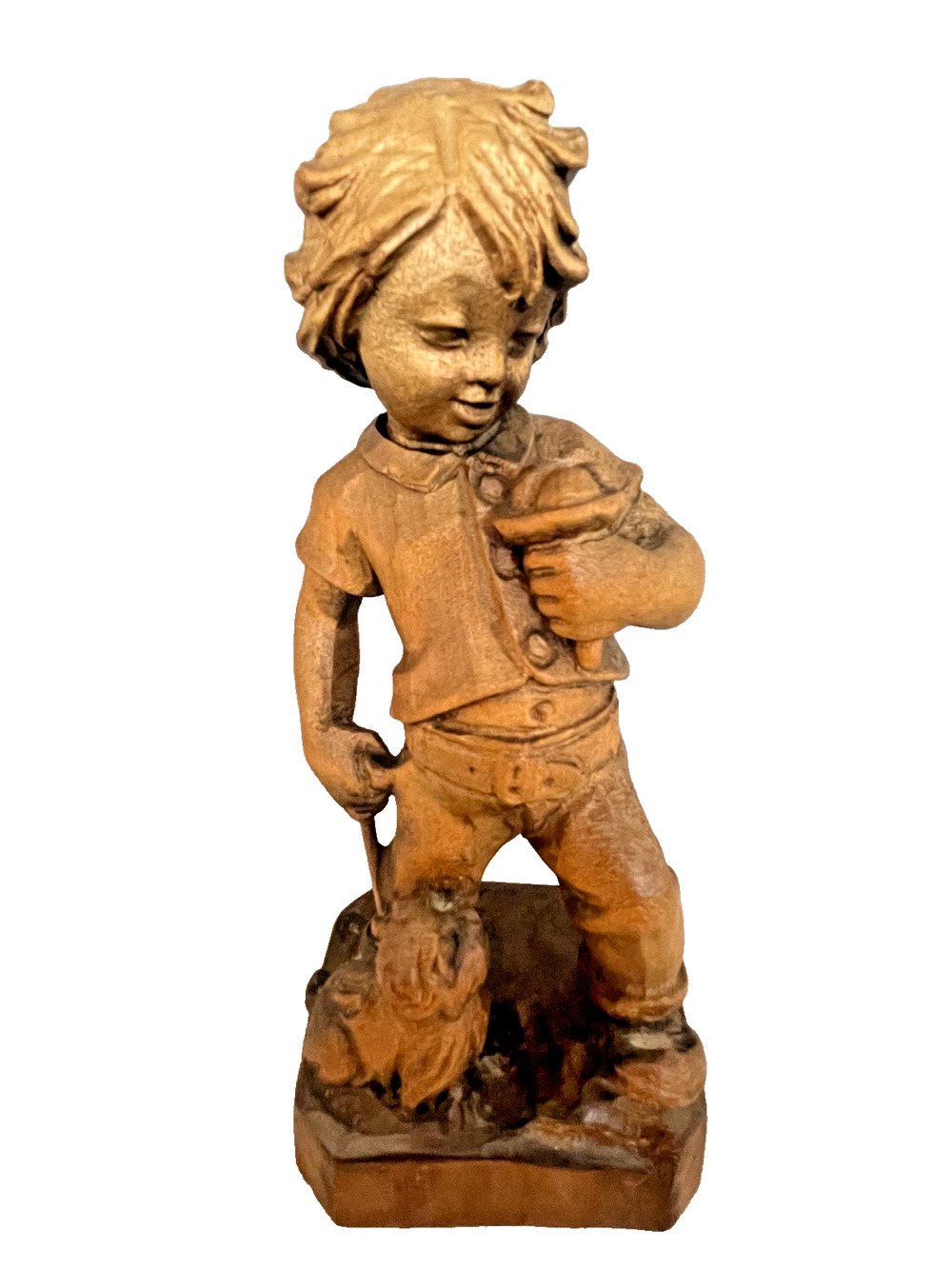 Vintage Hand Carved Wood Boy With Dog Figurine Rustic Folk Art Sculpture 6”